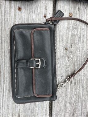 Vintage Coach SoHo Black Leather Wristlet with Brown Trim and Silver Hardware